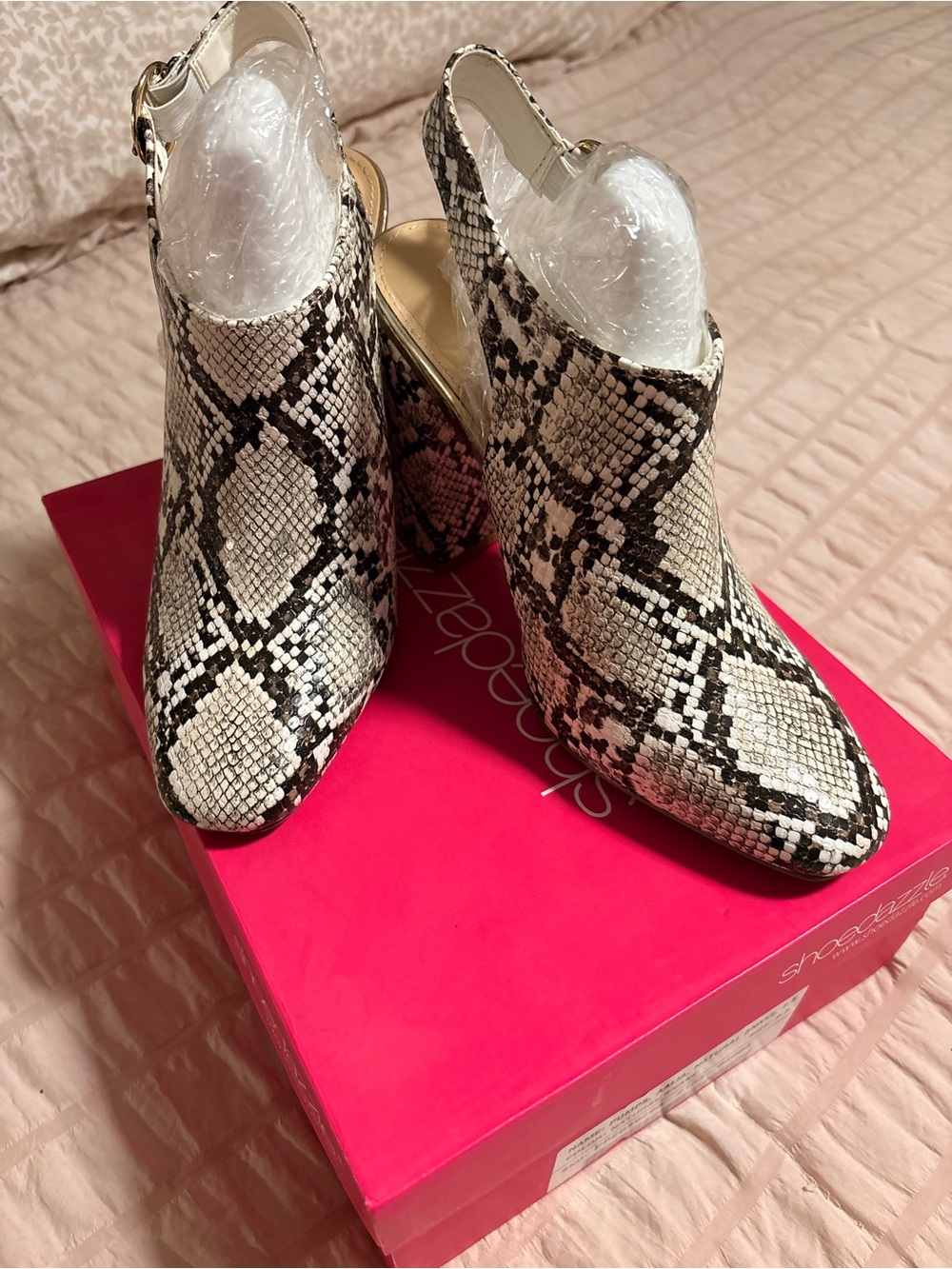 Shoe Dazzle Snake-Print Slingback Ankle Boots in Black & Cream